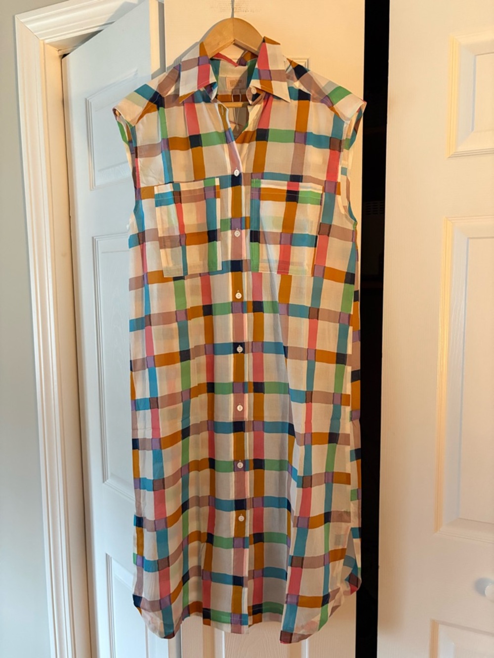 Sunshine Tienda Sleeveless Button-Front Plaid Shirt Dress in Multi-Color